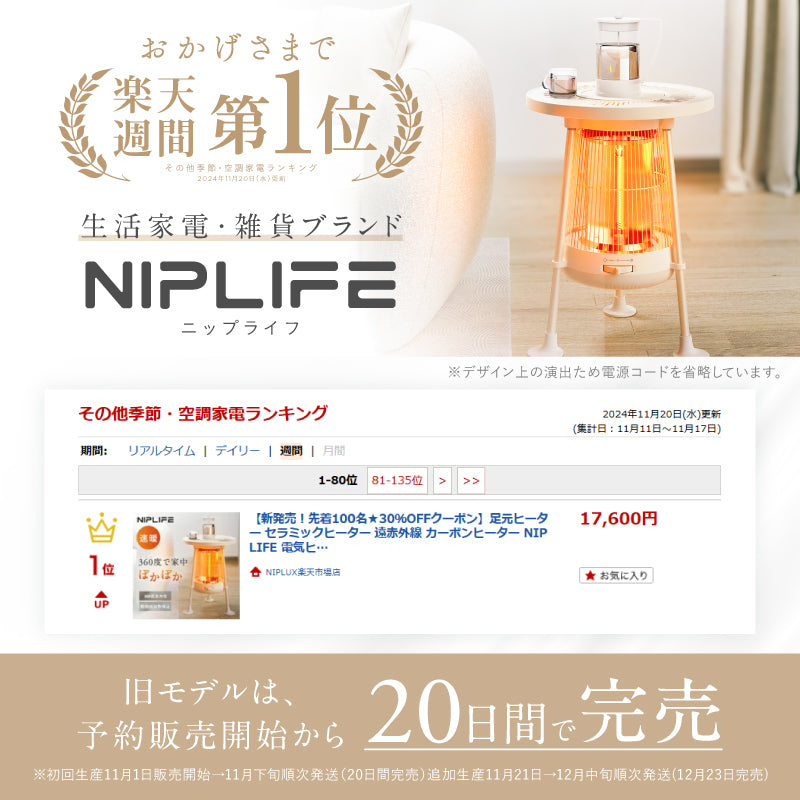 定価17600円！商品評価⭐︎4以上！NIPLIFE 360度全方位電気ヒーター 電気ヒーター｜遠赤外線カーボンヒーターで足元ぽかぽか 冬～春の在宅